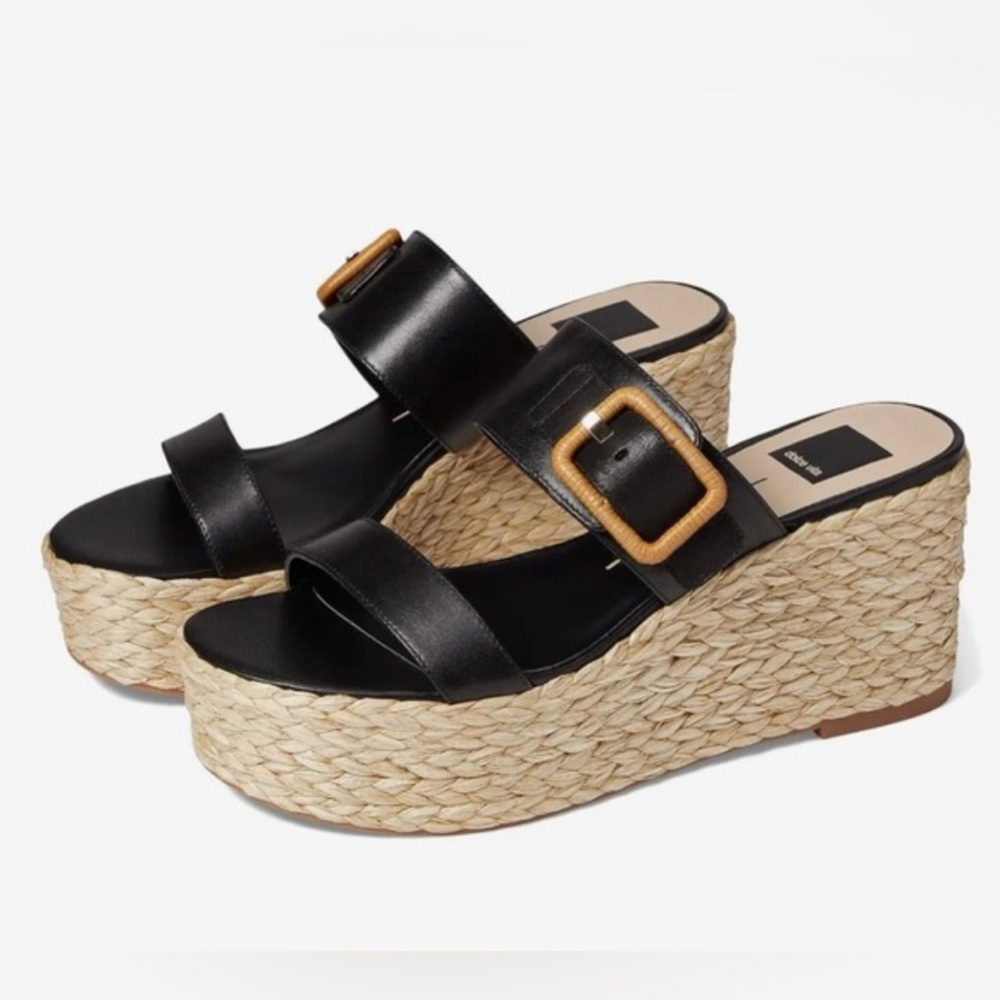 Dolce Vita Black Leather Platform Wedge Slide Sandals with Tan Buckles
